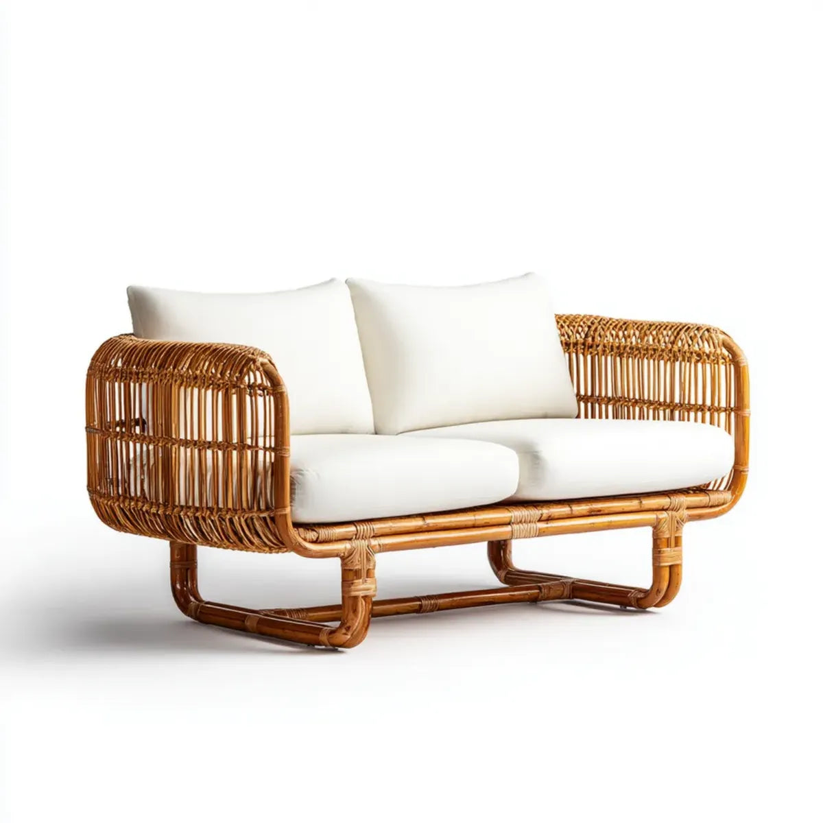 Sofa ogrodowa, Taras sofa 2-fotelik Naturalna brązowy biały 140 x 75 x 78 cm rattan prostokątna