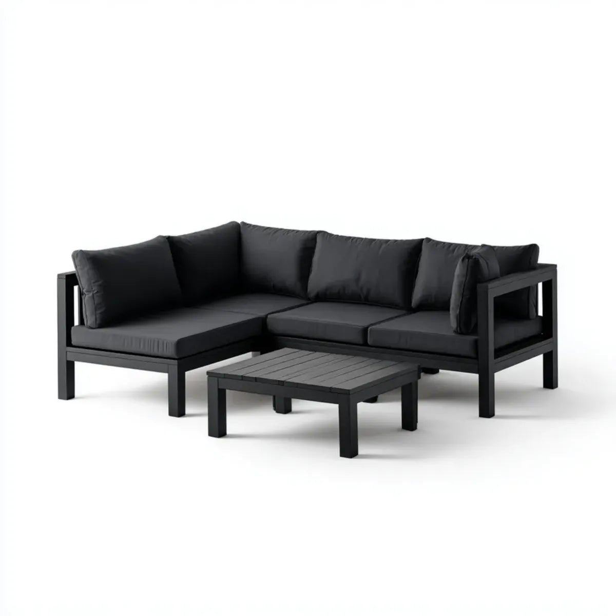 Sofa ogrodowa, Taras narożnik salon kanapa zestaw czarny L kształt 202 x 132 x 65 cm aluminium poliester 3- część