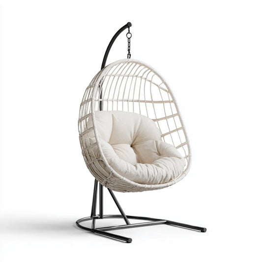 Hamak lub fotel wiszący, Białe jajko ogród wiszące fotel ze stalowym oparciem 105 x 105 x 195 cm w rattan PE