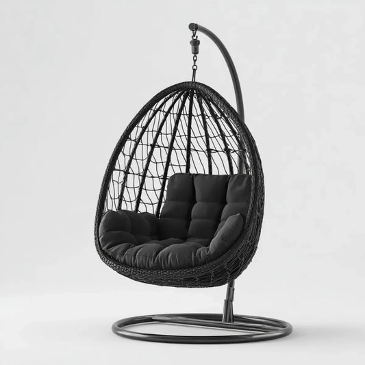 Hamak lub fotel wiszący, Podwójny ogród fotel czarny 146 x 95 x 196 cm stali i PE owalny rattan