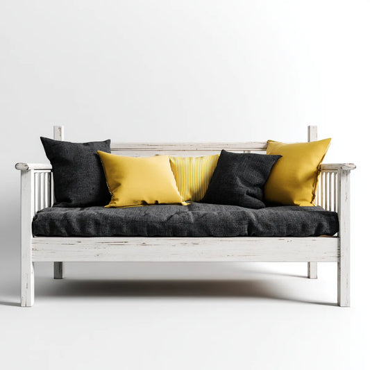 Sofa 2 białe siedzenia z czarno-żółtymi poduszkami w litej sosnie i poliestrze 120 x 65 x 85 cm
