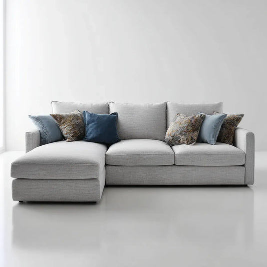 Sofa, Kanapa narożna 3 fotele z krzesełkiem z lewym jasnoszarym poliestrem 250 x 160 x 85 cm