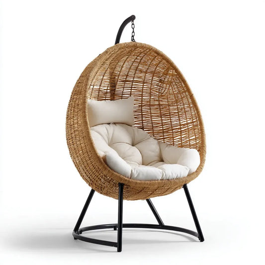 Hamak lub fotel wiszący, beżowy ogród z jaj wiszące fotel z naturalną rattan czarny podparcie i stal 105 x 95 x 195 cm