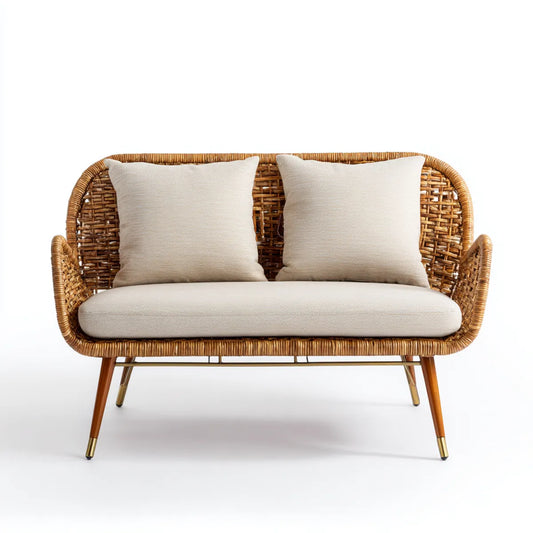 Sofa ogrodowa, Taras sofa 2-osobowa naturalna rattan beżowy poliester 120 x 65 x 82 cm zaokrąglona