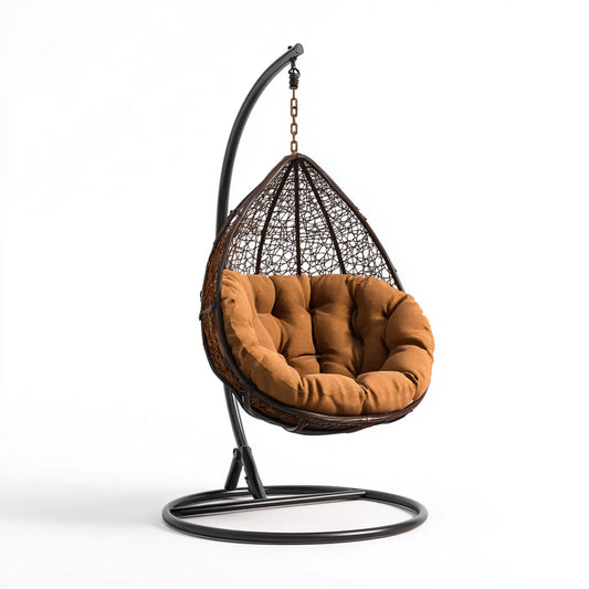 Hamak lub fotel wiszący, Ogród brązowy wiszący fotel ze stalowym oparciem 105 x 105 x 195 cm w rattanowym kształcie PE