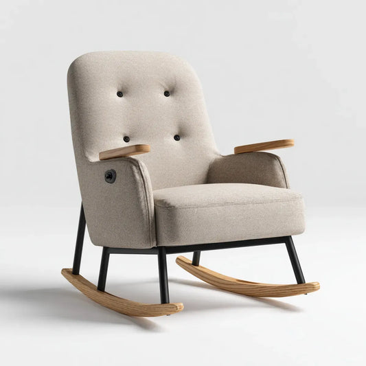 Fotel bujany, Beżowa fotel rockowy 68 x 95 x 100 cm w stalowym poliestrze i zakrzywionym drewnie