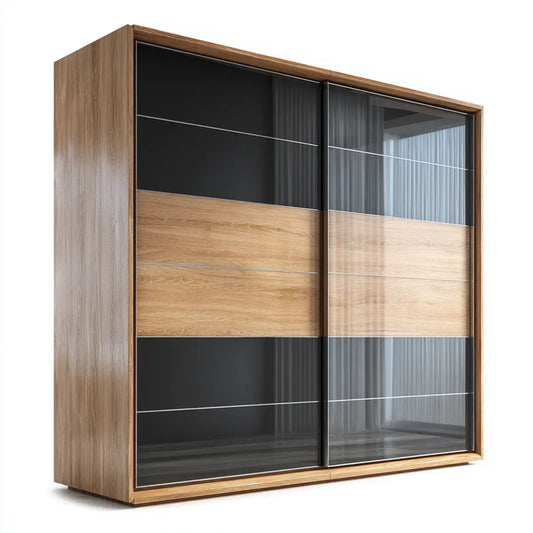 Szafa, Szafka na drzwi pływające Czarna orzech z wkładkami szklanymi 200 x 60 x 220 cm prostokątna płyta wiórowa