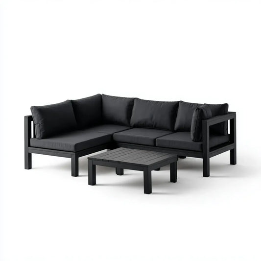 Sofa ogrodowa, Taras narożnik salon kanapa zestaw czarny L kształt 202 x 132 x 65 cm aluminium poliester 3- część